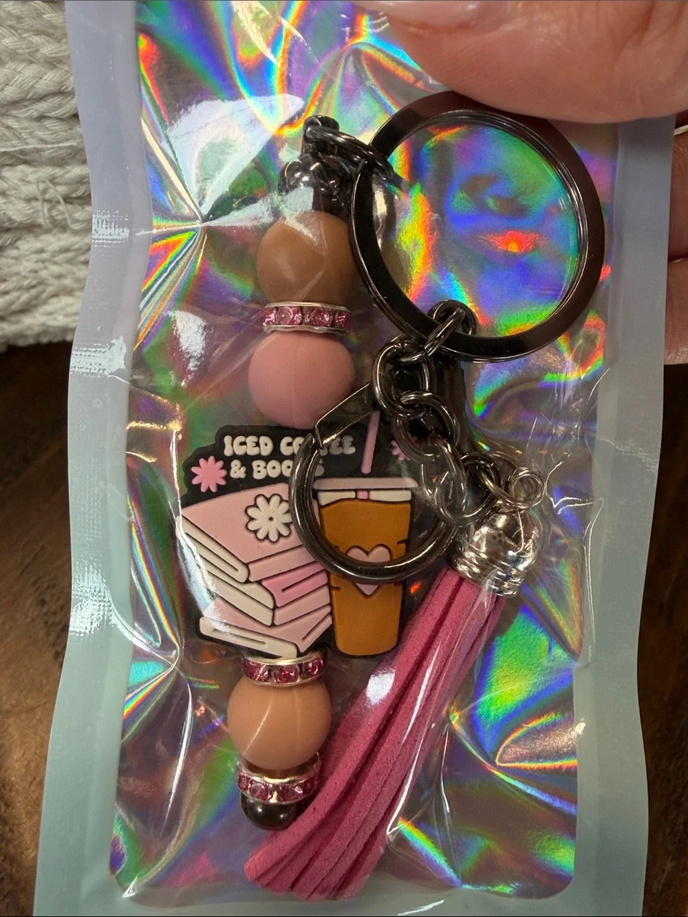 Pink Tassel Keychain with Coffee & Books Charms